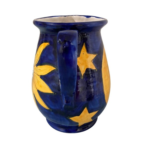 Celestial Sun Face Moon And Stars Blue & Yellow Pottery Pitcher Vase - Picture 4 of 7